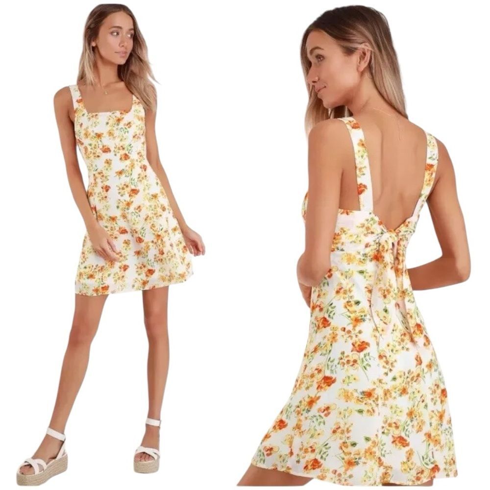Lulus Day Date Tie Back White Orange Floral Mini Dress Womens Size Large New